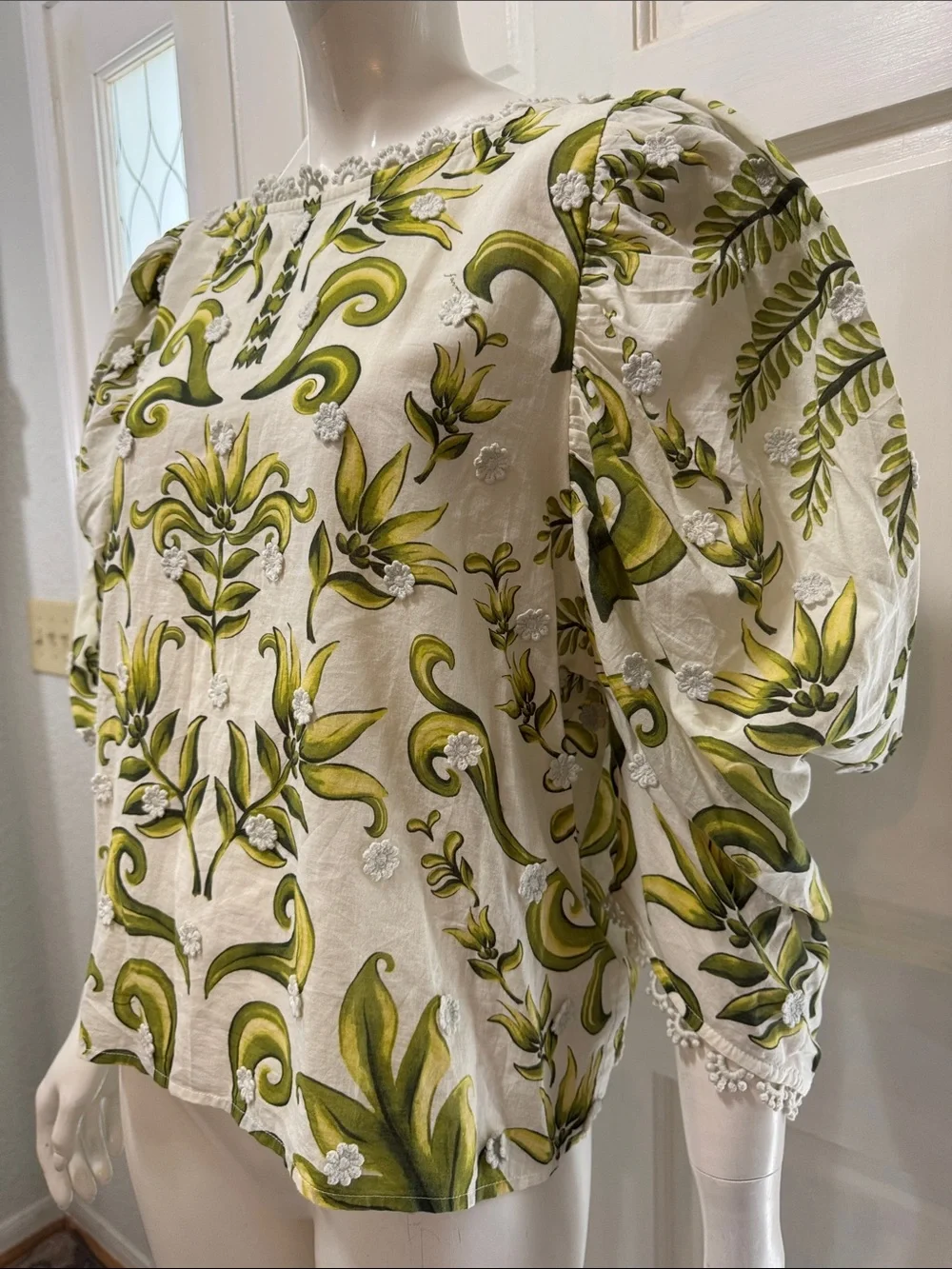 FARM RIO Milani Blouse Floral Puff-Sleeve Women's Top in Olive Green Size Large